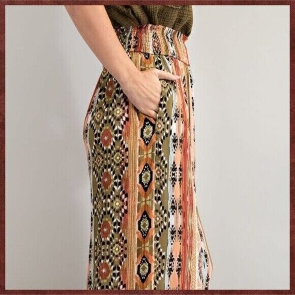 EASEL Aztec Print Lightweight Flowy Gauze Pants Wide Leg Smocked Waist & Pockets - Picture 3 of 12